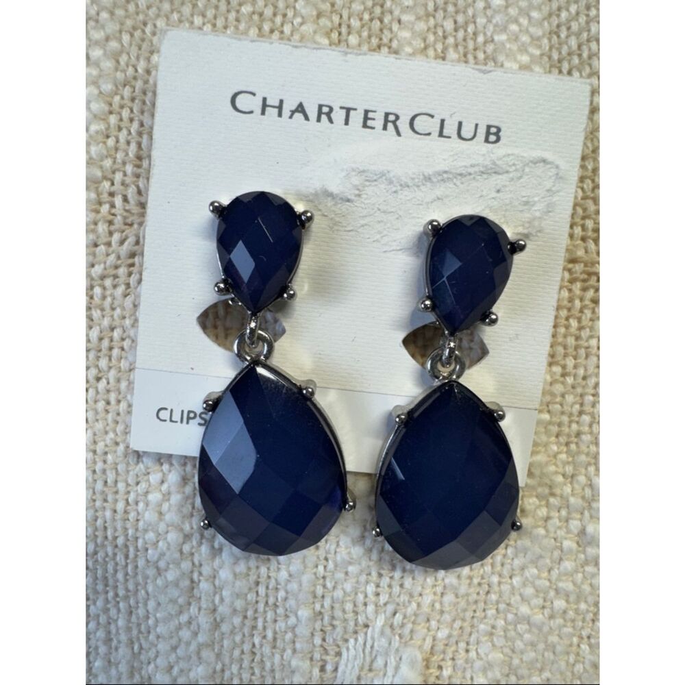 0071- Clip On Charter Club Faceted Navy Teardrop Clip-On Earrings Silver Tone